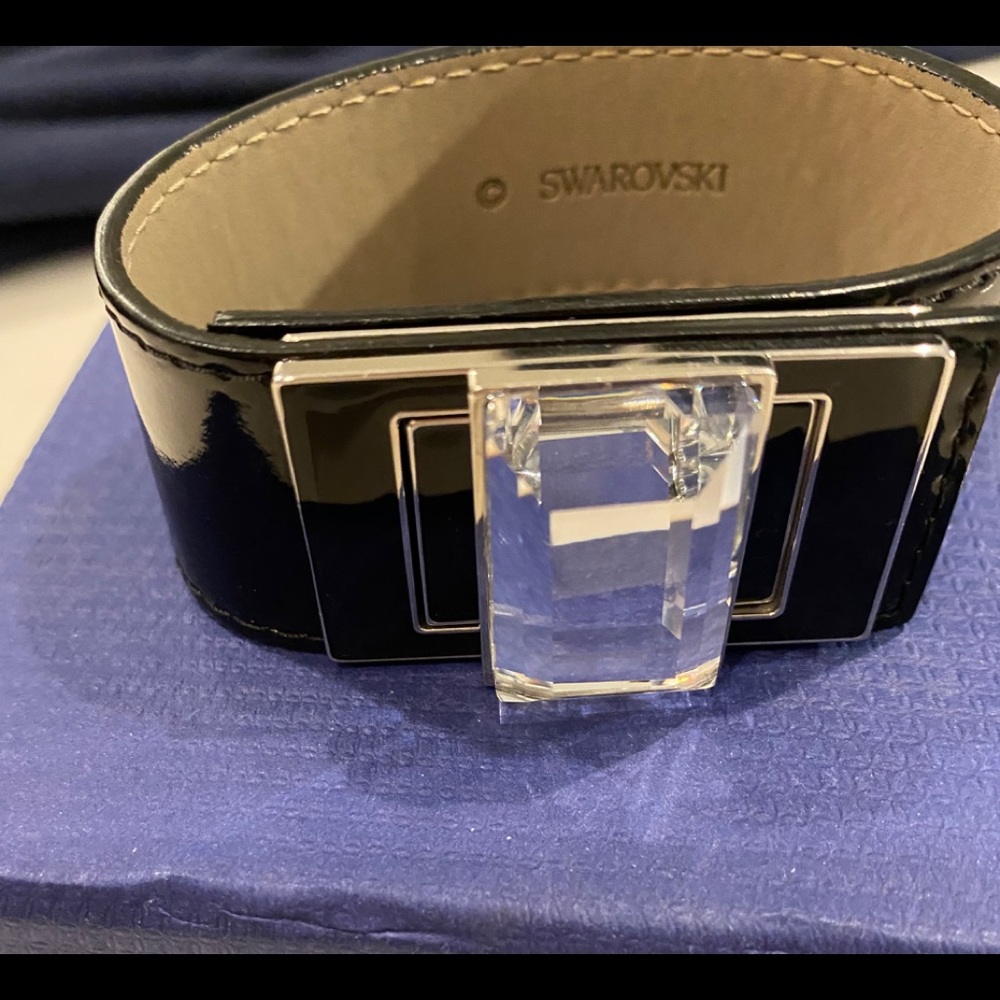 Swarovski bracelet, black leather, clear crystal